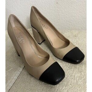 Franco Sarto Women's Leather Shoes Size 7.5 M Beige with Silver Trim High Heels